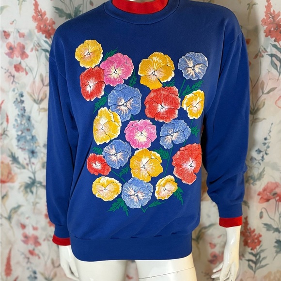 Vintage Quips Women’s Blue and Red Mock Neck Floral Sweater - Picture 1 of 9